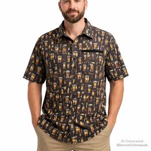 Projek Raw 3XL Black Beer Print Short Sleeve Button-Up Shirt